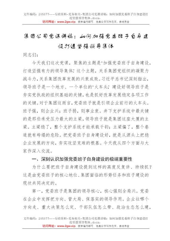 集团公司党课讲稿：如何加强党委班子自身建设打造坚强领导集体