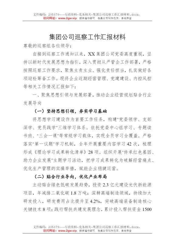 集团公司巡察工作汇报材料