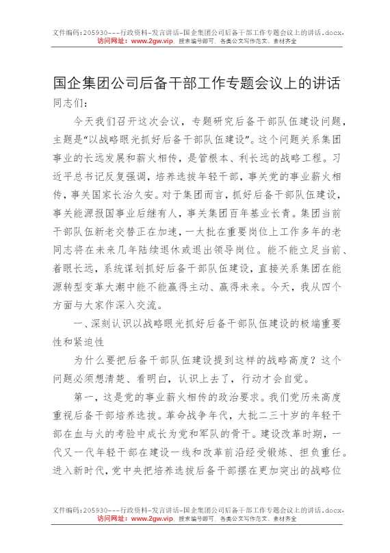 国企集团公司后备干部工作专题会议上的讲话
