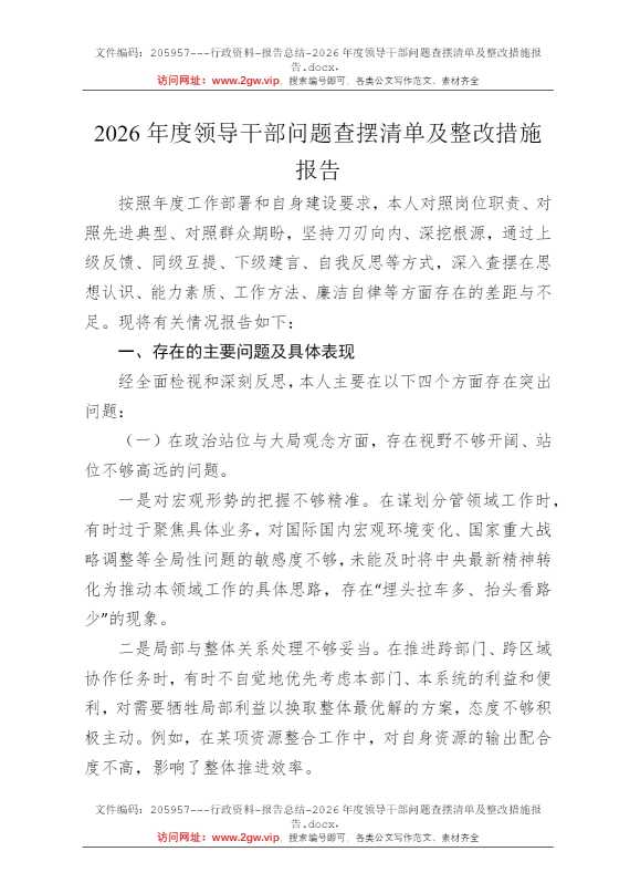 2026年度领导干部问题查摆清单及整改措施报告