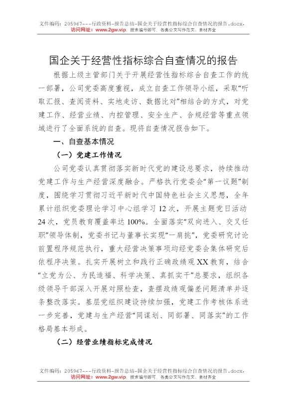 国企关于经营性指标综合自查情况的报告