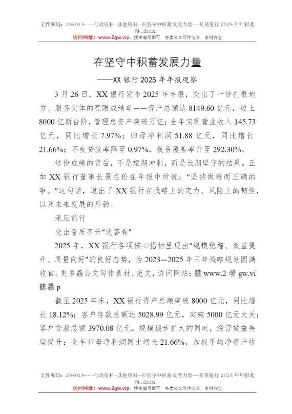 在坚守中积蓄发展力量——某某银行2025年年报观察