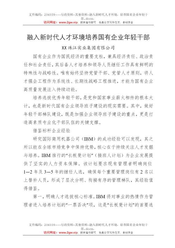 融入新时代人才环境，培养国有企业年轻干部